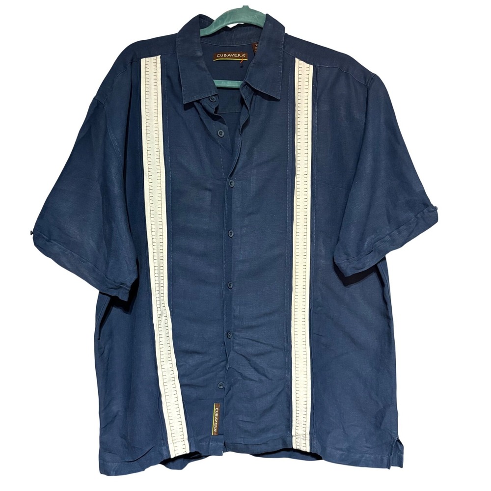 Cubavera Linen Button Down Mens XXL Guayabera‎ Navy Blue Short Sleeve EUC Shirt